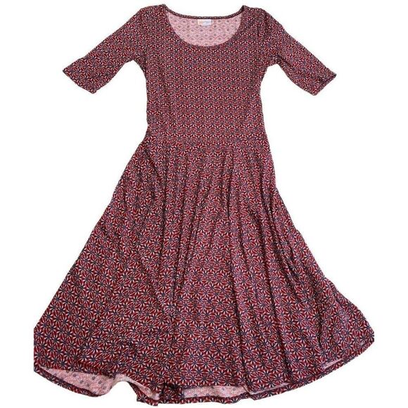 LuLaRoe Niclole Red Burgundy Abstract Floral Scoop Neck Fit Flare Dress Sz Small - Picture 5 of 8